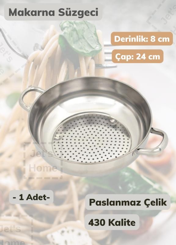 Çelik Makarna Süzgeci 24 cm Kulplu Paslanmaz Çelik Süzgeç
