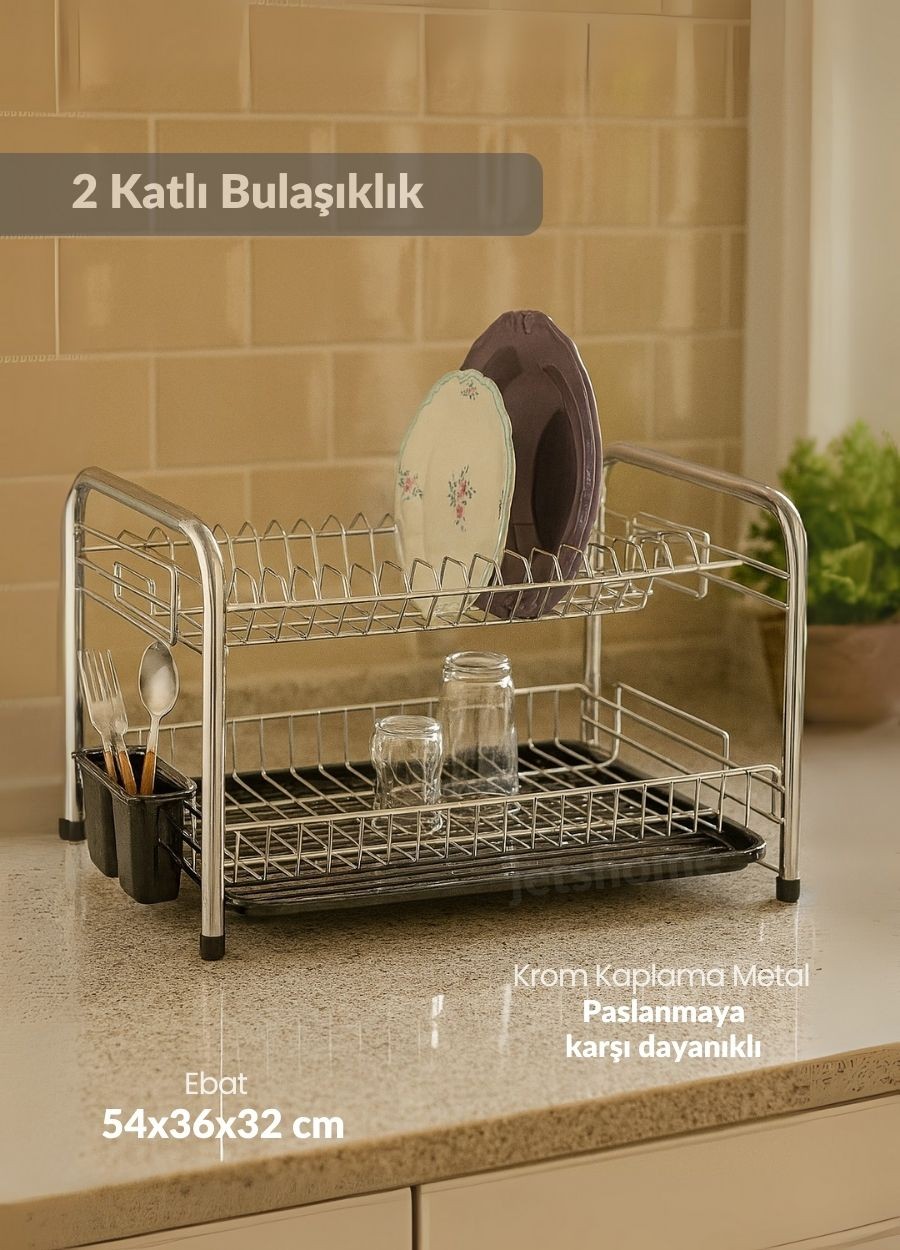 2 Katlı Bulaşıklık Tezgah Üstü Tabaklık BPA FREE Bulaşık Sepeti Yuvarlak Ayak Krom