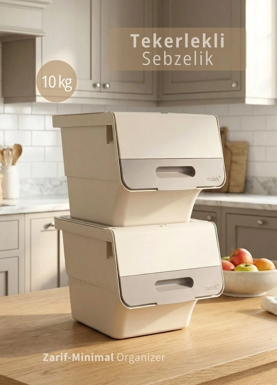 2’li Krem-Bej Tekerlekli Patates Soğan Sepeti 24 Lt – BPA’sız Sebzelik Organizer