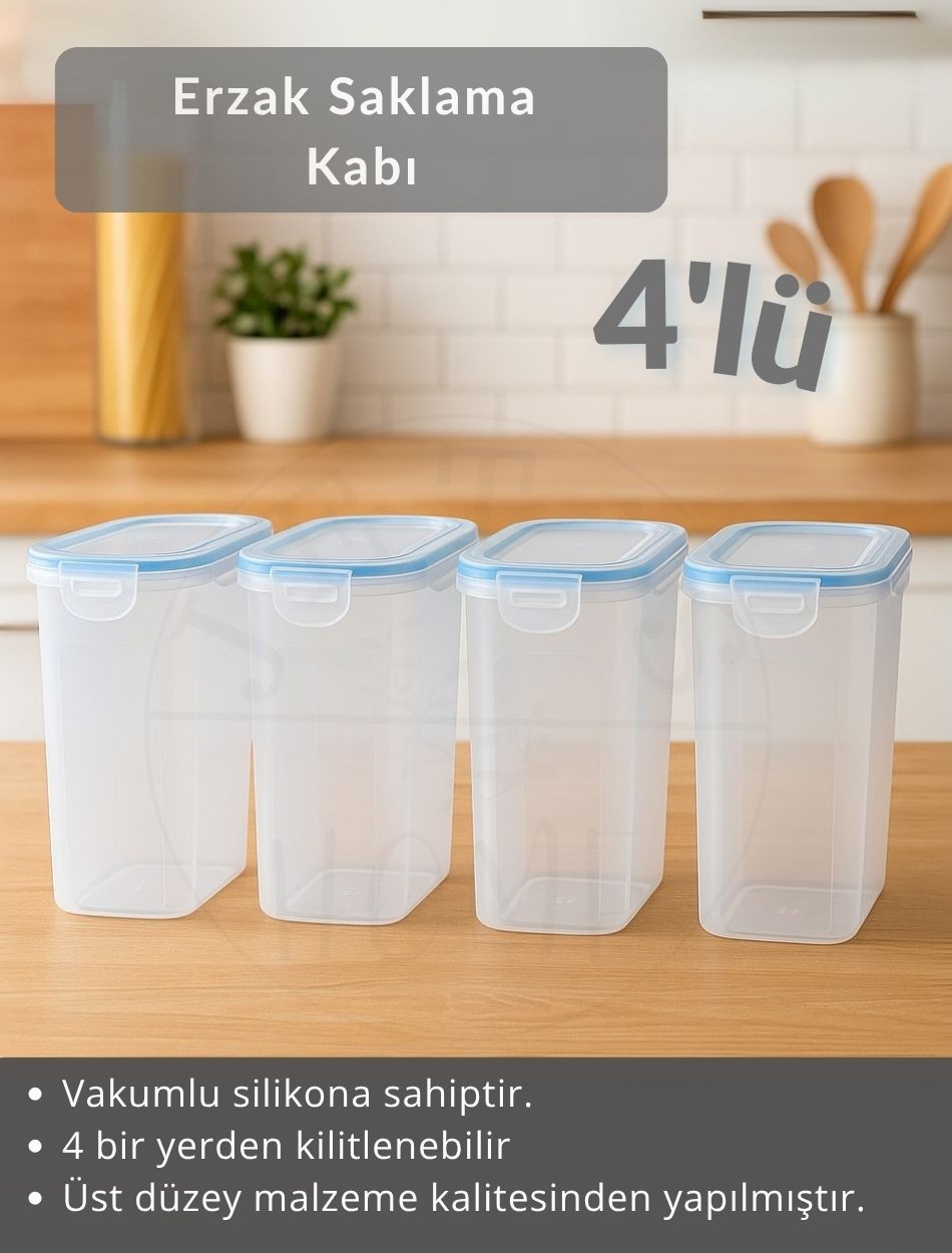 4'lü Set Erzak Kabı Vakumlu Hava Almaz BPA FREE Kilitlenebilir Bakliyat Kabı 3 L
