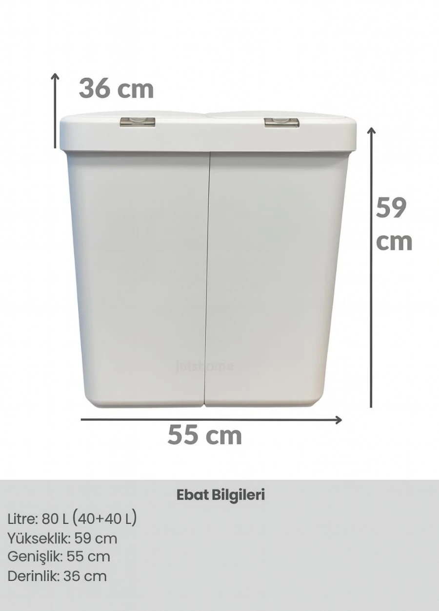 İkili Dokunmatik Çamaşır Sepeti Beyaz-Gri Tuş Temizlik Kovası Kirli Sepeti 80 L