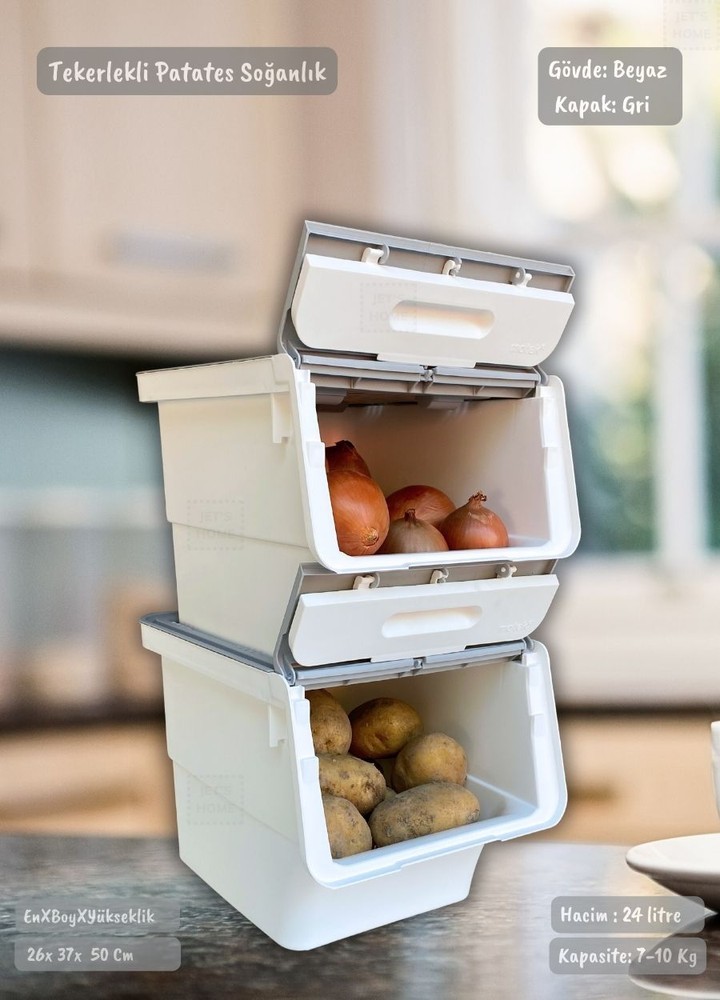 2’li Tekerlekli Patateslik Soğanlık BPA Free Erzak Kutusu Oyuncaklık Sebzelik Gri 24 Lt