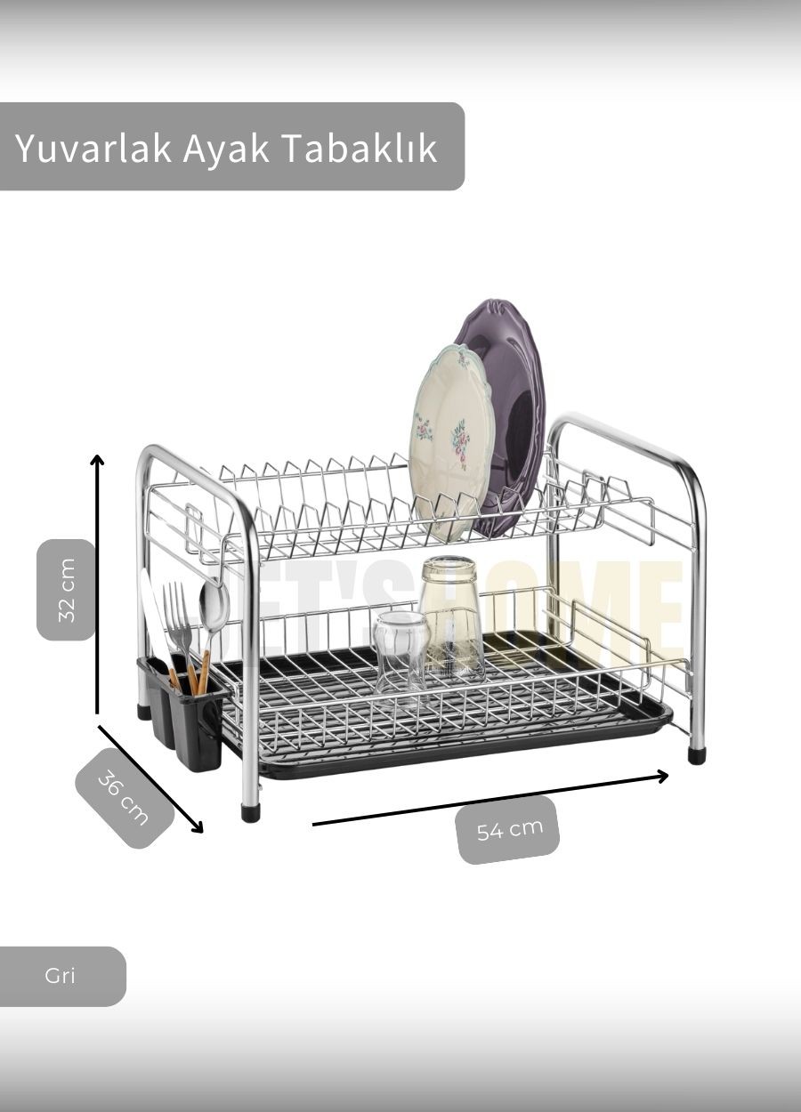 2 Katlı Bulaşıklık Tezgah Üstü Tabaklık BPA FREE Bulaşık Sepeti Yuvarlak Ayak Krom