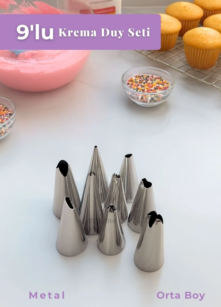 Orta Boy 9’lu Metal Krema Duy Seti – Pasta Duyu Cupcake ve Kurabiye Krema Duyu Süsleme