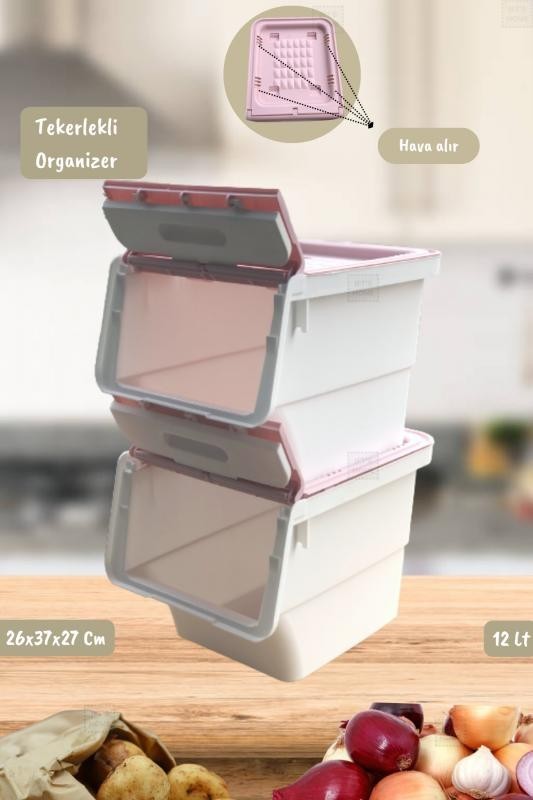 2’li Tekerlekli Patateslik Soğanlık Erzak Kutusu Organizer Sebzelik Beyaz-Pembe 24 Lt