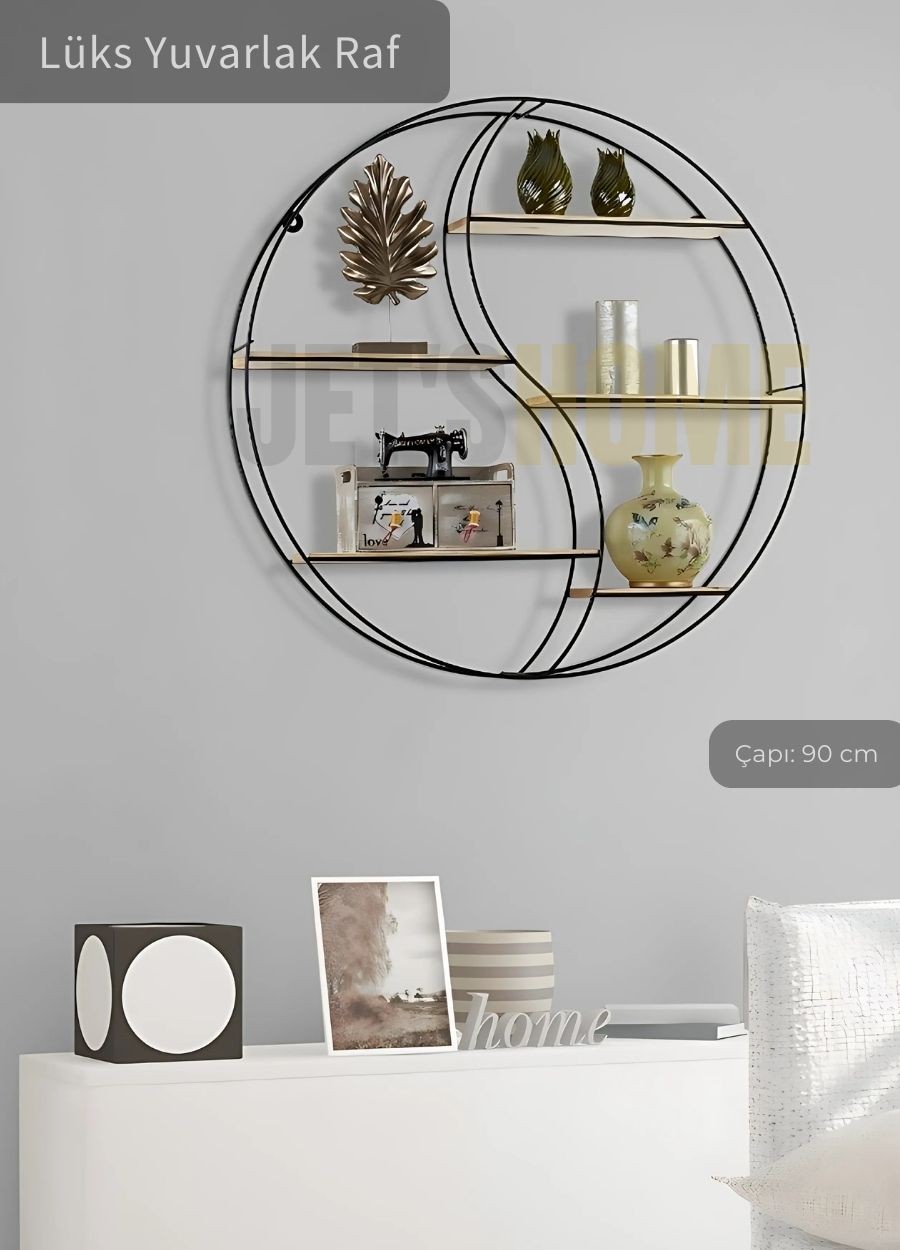 Modern Duvar Rafı Ahşap Raflı Dekoratif Metal Raf Süs Rafı Yuvarlak Model Çapı 90 Cm