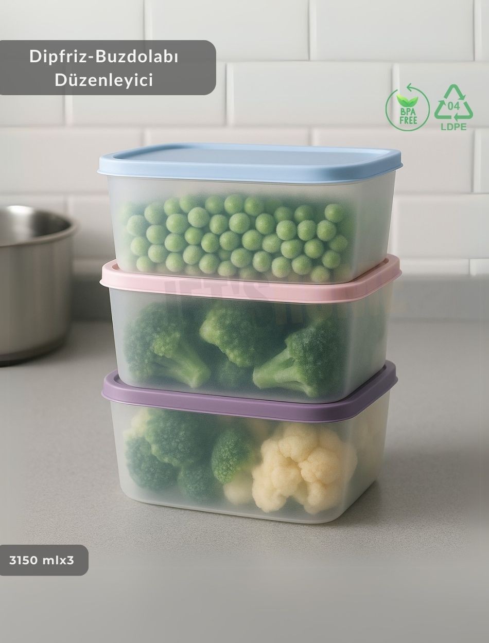 3'lü Dipfriz Saklama Kabı - No Frost Silikon Kapaklı | Derin Dondurucu Düzenleyici - BPA Free - 3150 ml