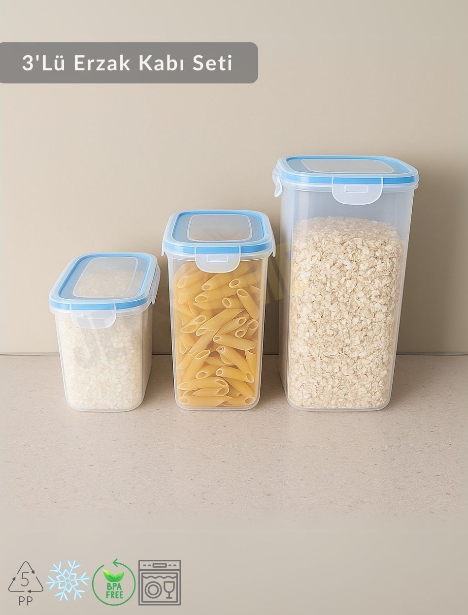 3'Lü Erzak Kabı Seti Kilitlenebilir Saklama Kabı Hava Almaz Bakliyat Kabı Bpa Free