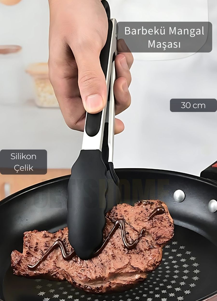 Sunum Maşası Barbekü Maşası Mangal Maşa Silikon Salata Maşası Siyah 30 cm