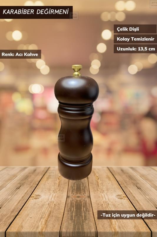 Karabiber Değirmeni Ahşap Biber Değirmeni Baharatlık Çelik Bıçaklı 13,5 cm