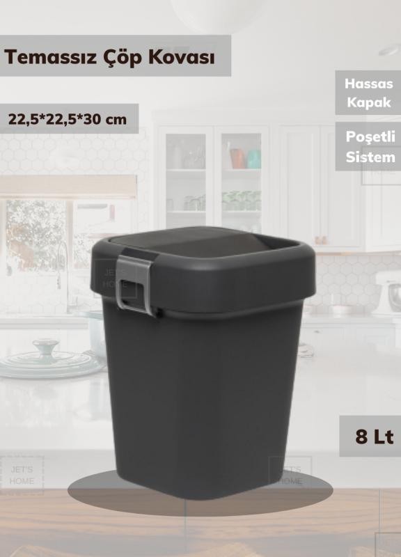 Çöp Kovası Aç-Kapa Banyo Çöp Kutusu Küçük Mutfak Çöp Kovası Siyah 8 Litre