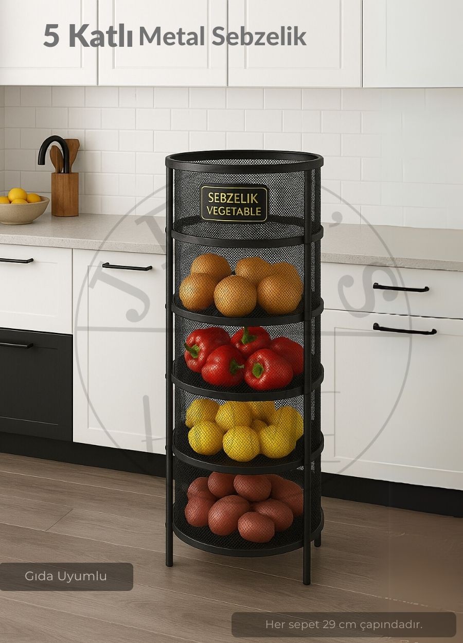 5 Katlı Sebzelik Açılır Metal Patates Soğan Sepeti Paslanmaz Meyvelik Organizer Sepet Siyah