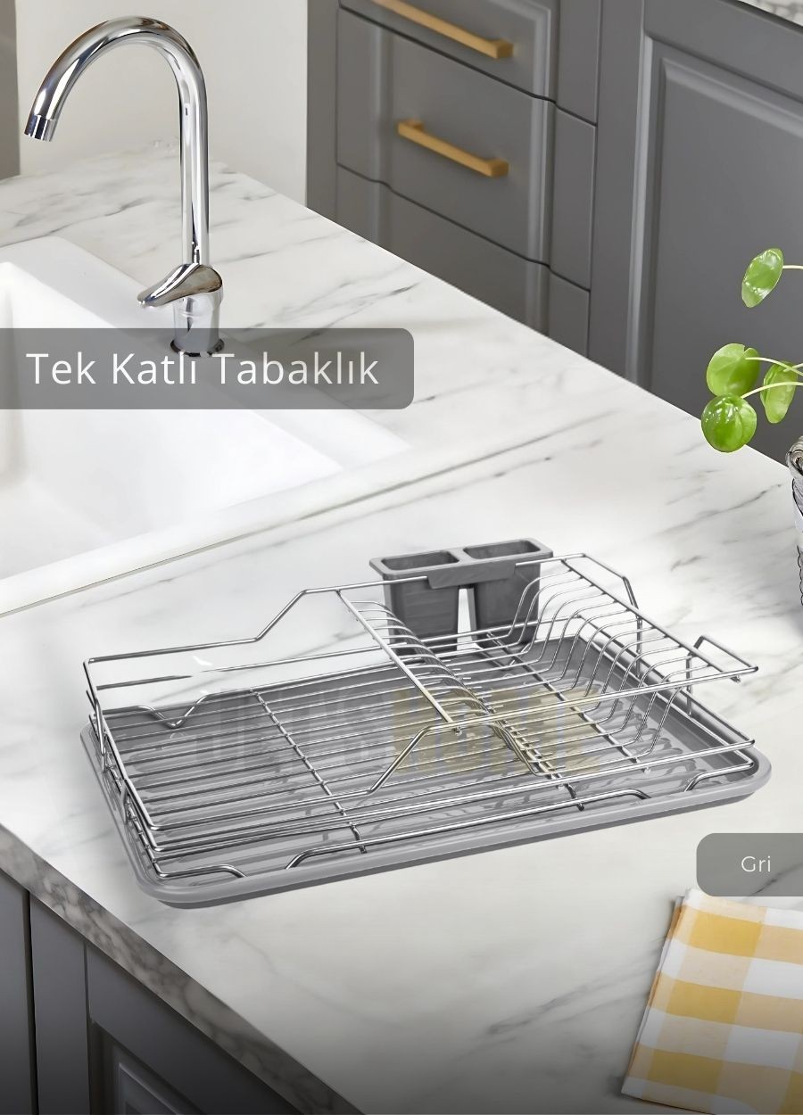 Tek Katlı Bulaşıklık Tezgah Üstü Tabaklık BPA FREE Bulaşık Sepeti Gri Paslanmaz