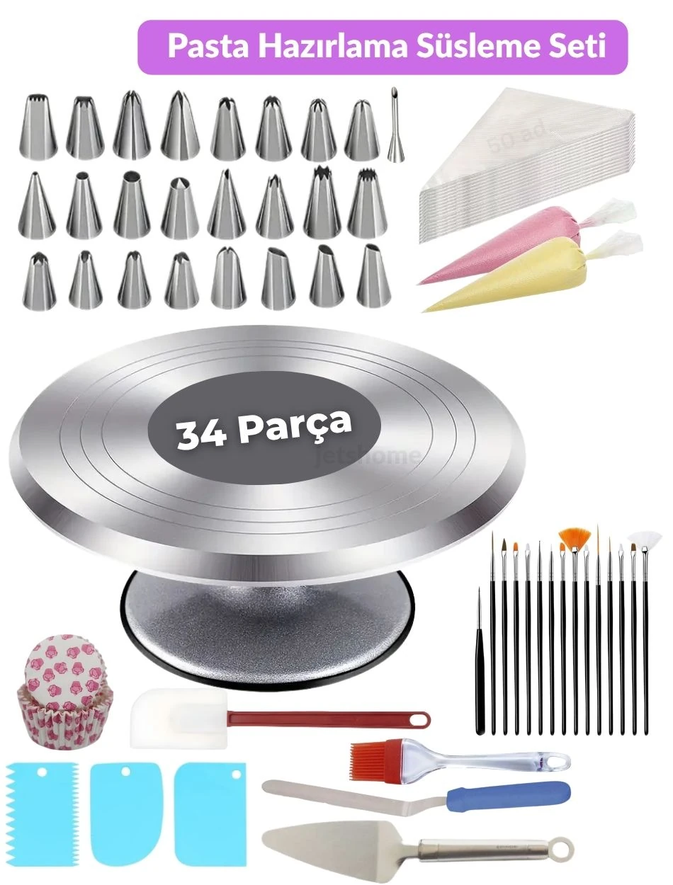 34 Parça Pasta Süsleme Hazırlık Seti – Krema Duyu Torbası Standı Pasta Fırçası Spatula Kazıyıcı