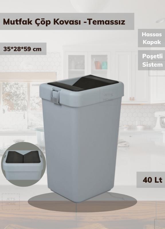 Çöp Kovası Bas Çek Mutfak Banyo Çöp Kutusu Gri 40 Litre
