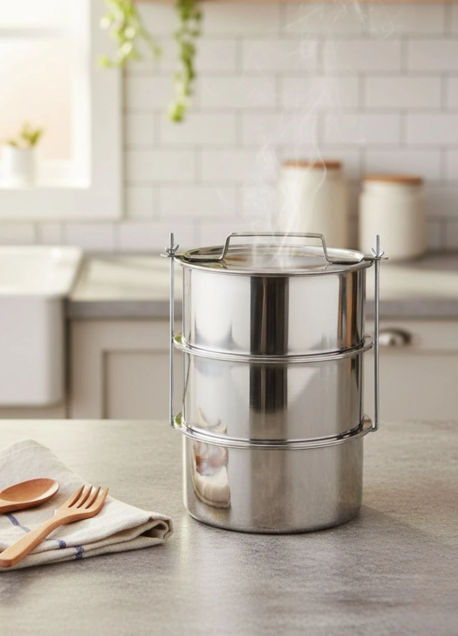 3’lü Paslanmaz Çelik Sefer Tası 18x9 cm Yemek Taşıma Kabı No:4 – 430 Kalite 7 Kişilik