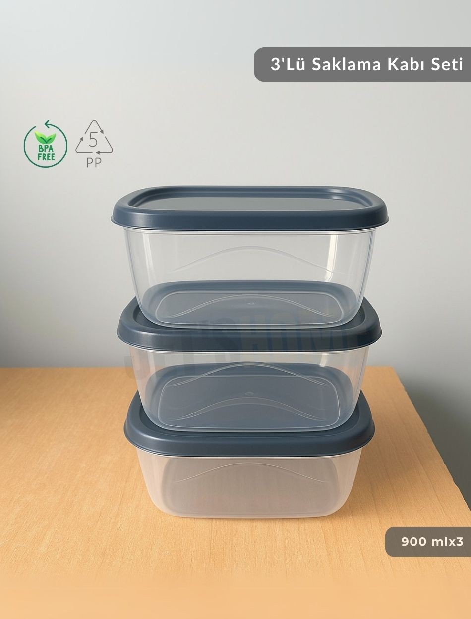 3'lü Saklama Kabı Seti Kare Erzak Kabı Bpa Free Derin Dondurucu için Uygun 900 ml