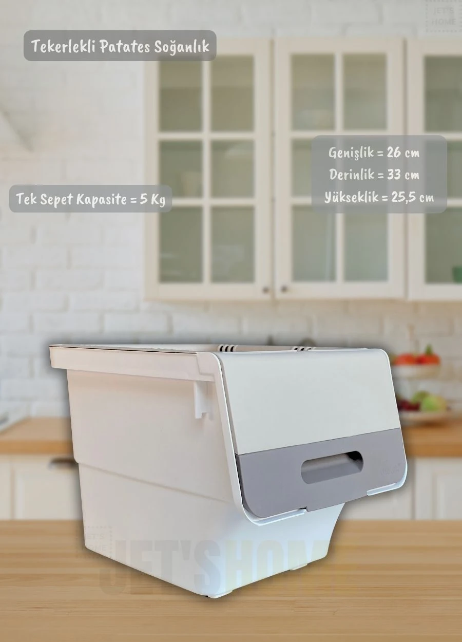 6'lı Krem Beyaz Tekerlekli Sebzelik Patates Soğan Sepeti Organizer Kutu Soğanlık Patateslik 72 L