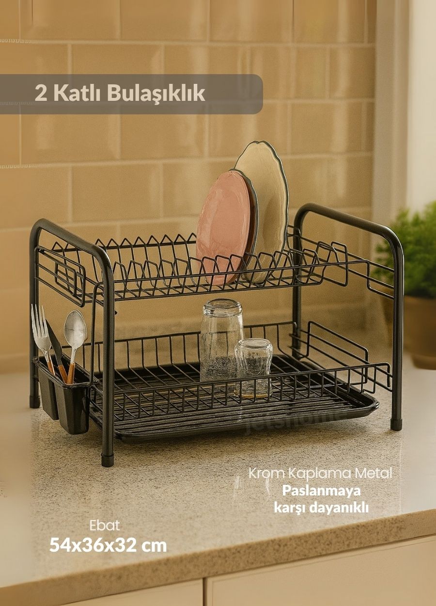 2 Katlı Bulaşıklık Tezgah Üstü Tabaklık BPA FREE Bulaşık Sepeti Yuvarlak Ayak Siyah