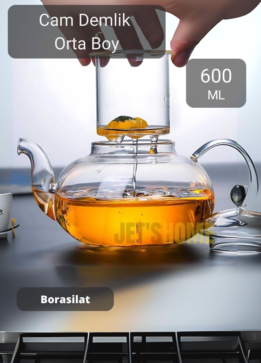 Cam Demlik Şeffaf Süzgeçli Demlik Isıya Dayanıklı Bitki Çayı Demliği Borosilat 600 ml