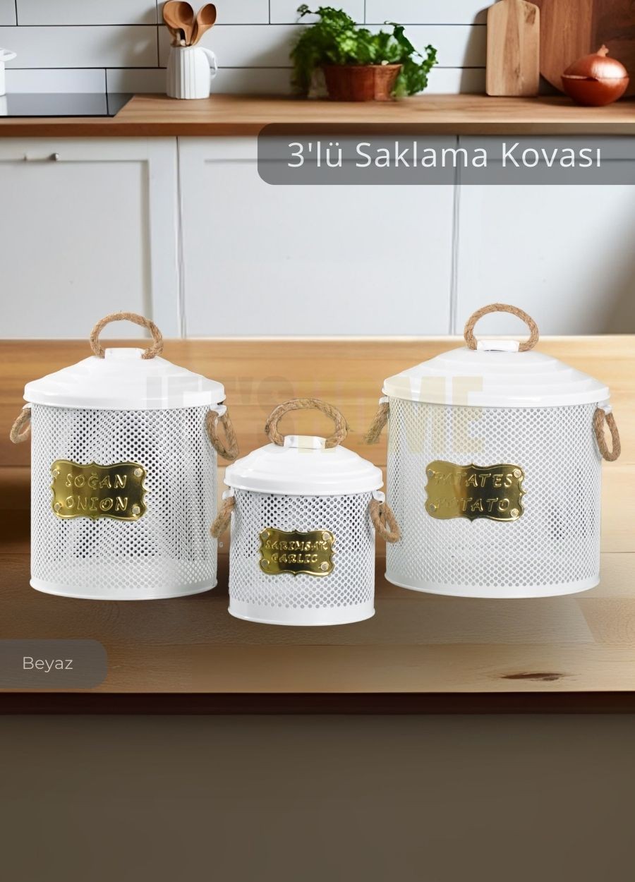 Patates Soğan Sarımsak Kovası 3'Lü Sebzelik Paslanmaz Organizer Patates Soğan Sepeti Beyaz