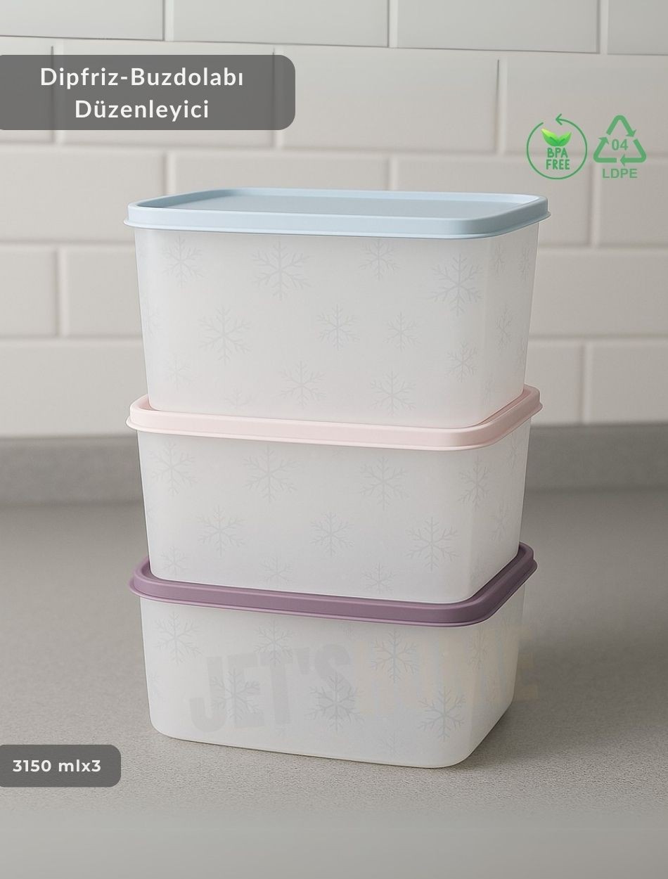 3'lü Dipfriz Saklama Kabı - No Frost Silikon Kapaklı | Derin Dondurucu Düzenleyici - BPA Free - 3150 ml