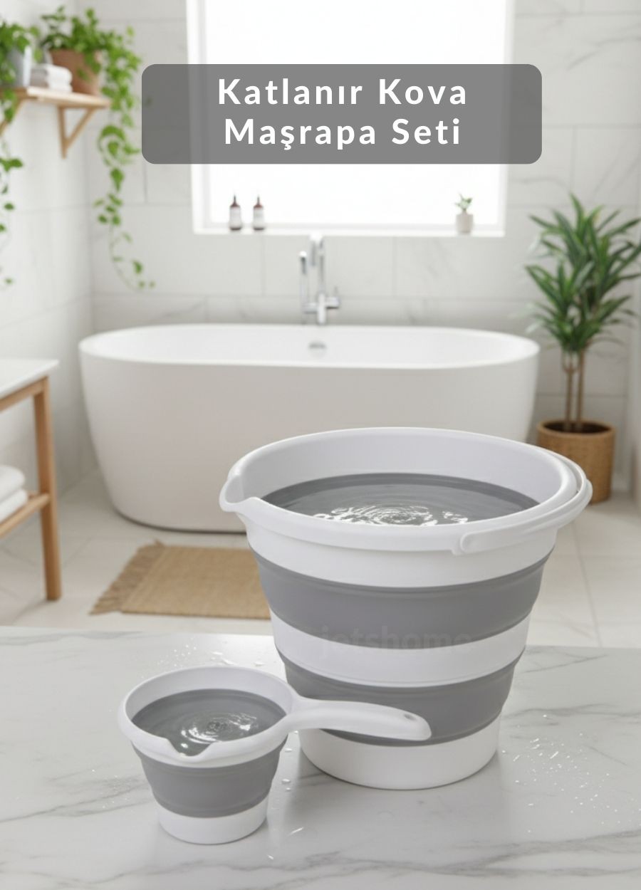 2’li Katlanır Akordiyon Kova & Maşrapa Seti – Yer Tasarruflu, Gri-Beyaz Renk