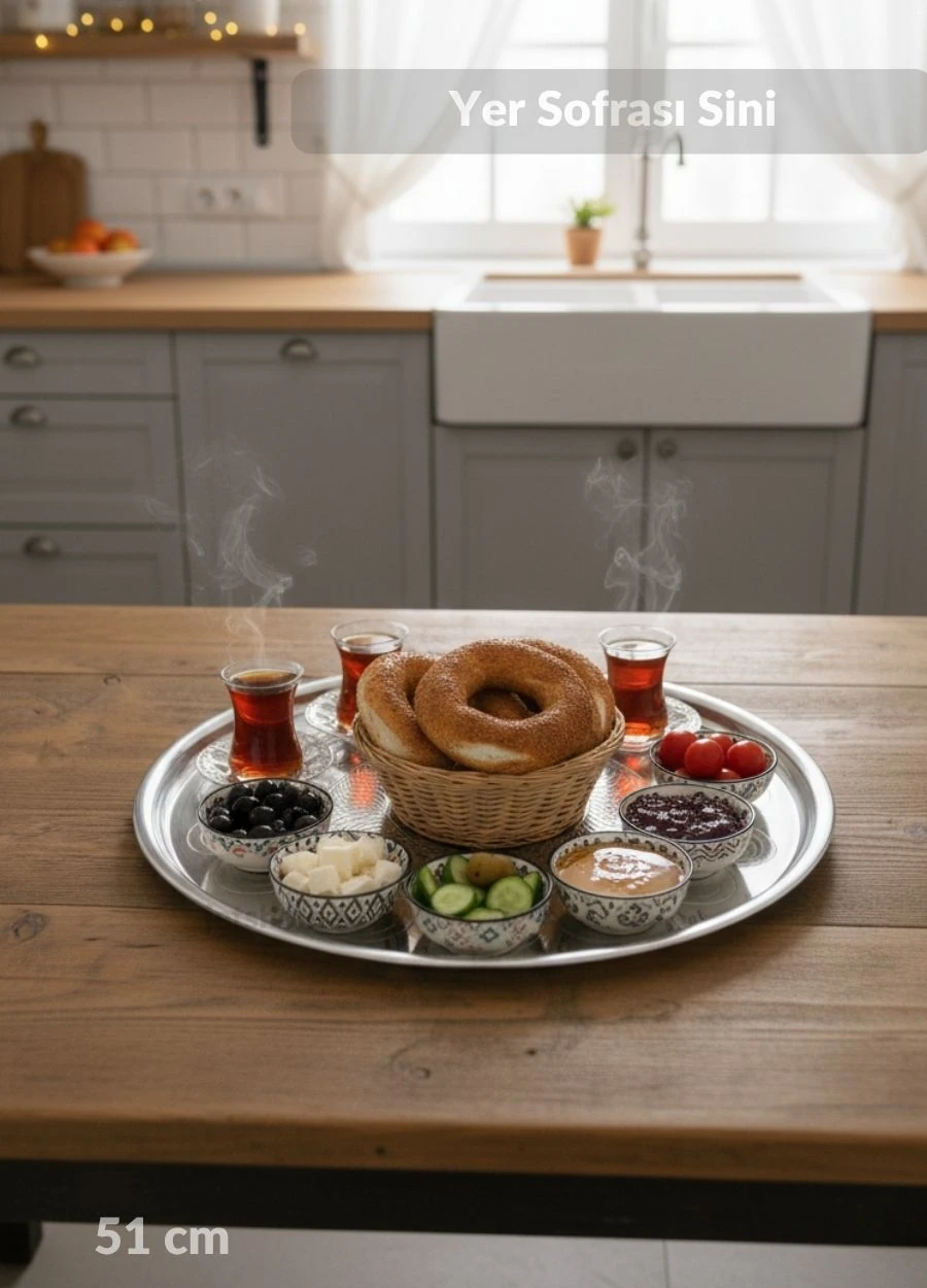 51 cm Paslanmaz Çelik Yer Sofrası Sini Yemek Sunum Çay Kahve Servis Tepsisi No:55