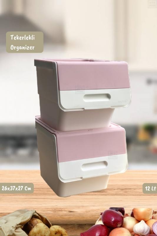 2’li Tekerlekli Patateslik Soğanlık Erzak Kutusu Organizer Sebzelik Beyaz-Pembe 24 Lt