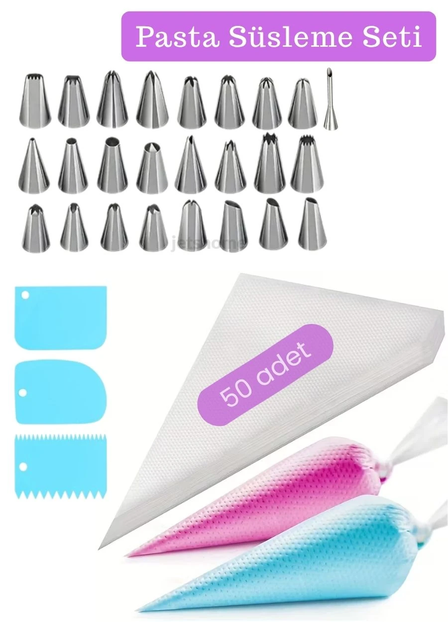 Pasta Süsleme Seti 25 Farklı Krema Duyu Krema Sıkma Torbası 50'li Hamur Düzenleyici