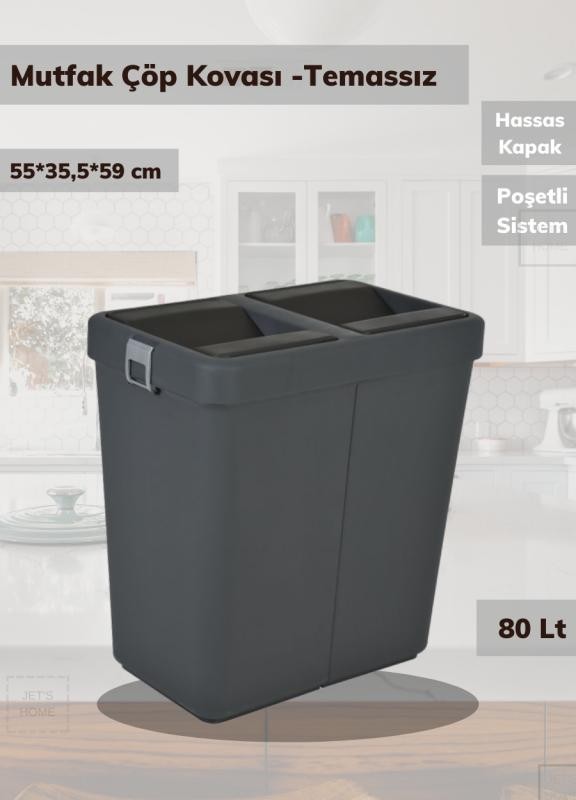 Çöp Kovası Bas Çek Mutfak Banyo Çöp Kutusu Antrasit 80 Litre