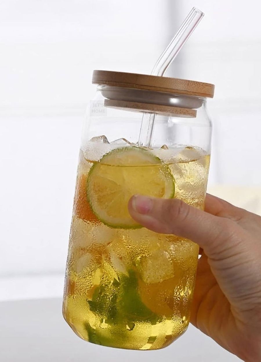 Borosilikat Cam Bardak Pipetli Bambu Kapaklı Bardak 580 ml BPA İçermez Sızdırmaz Kapaklı