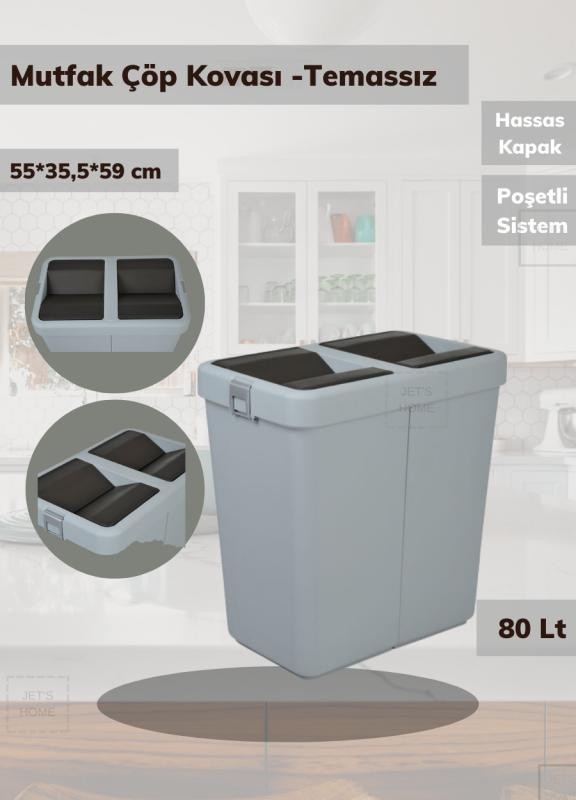 Çöp Kovası Bas Çek Mutfak Banyo Çöp Kutusu Gri 80 Litre