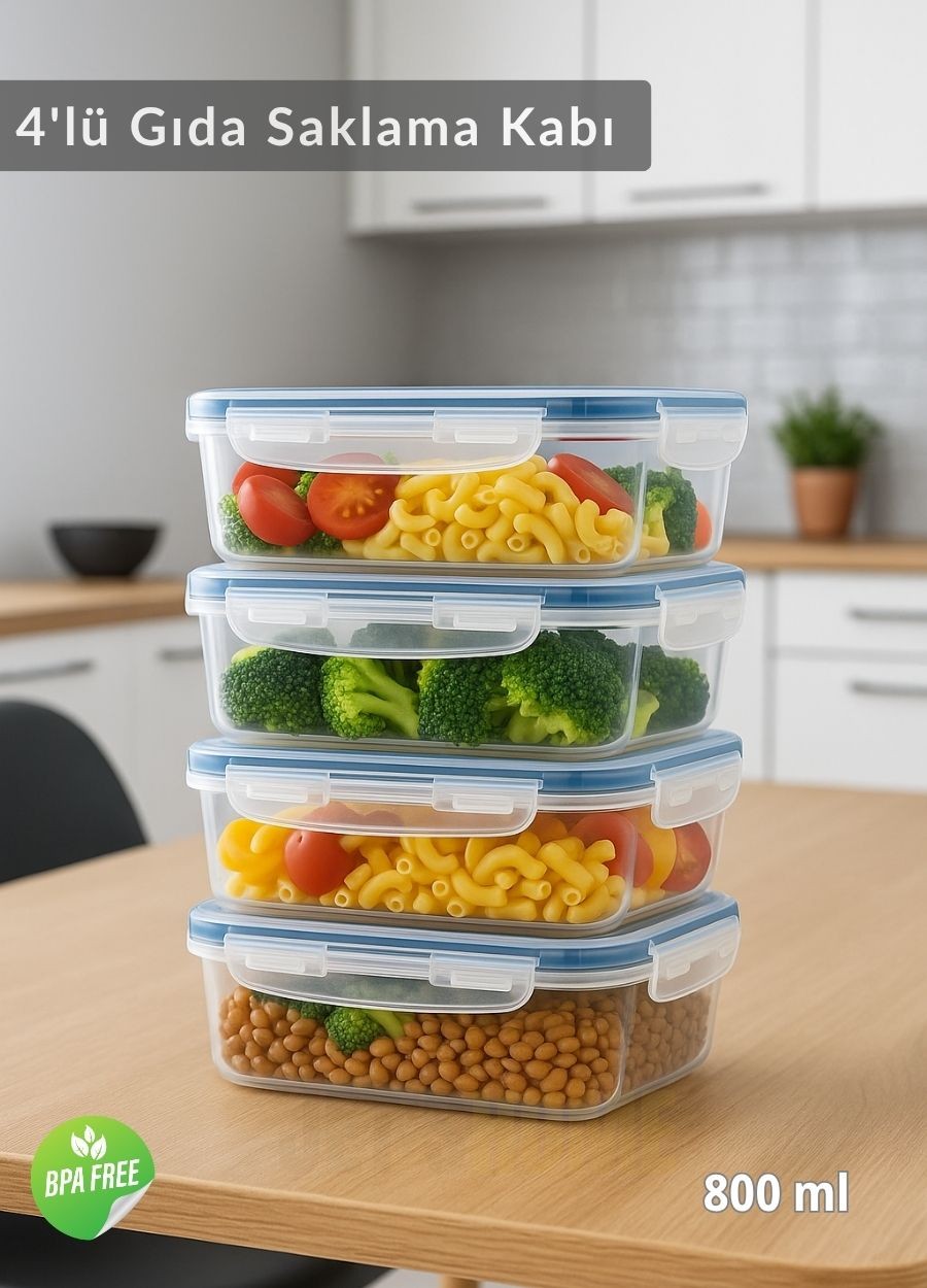 4'lü Vakumlu Saklama Kabı Seti Hava Almaz BPA Free Kilitlenebilir Gıda Erzak Kabı 800 ml