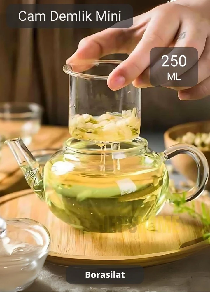 Cam Demlik Şeffaf Süzgeçli Demlik Isıya Dayanıklı Bitki Çayı Demliği Borosilat 250 ml Çap 5.5