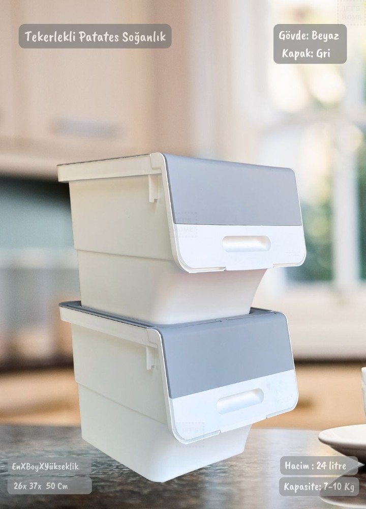 2’li Tekerlekli Patateslik Soğanlık BPA Free Erzak Kutusu Oyuncaklık Sebzelik Gri 24 Lt