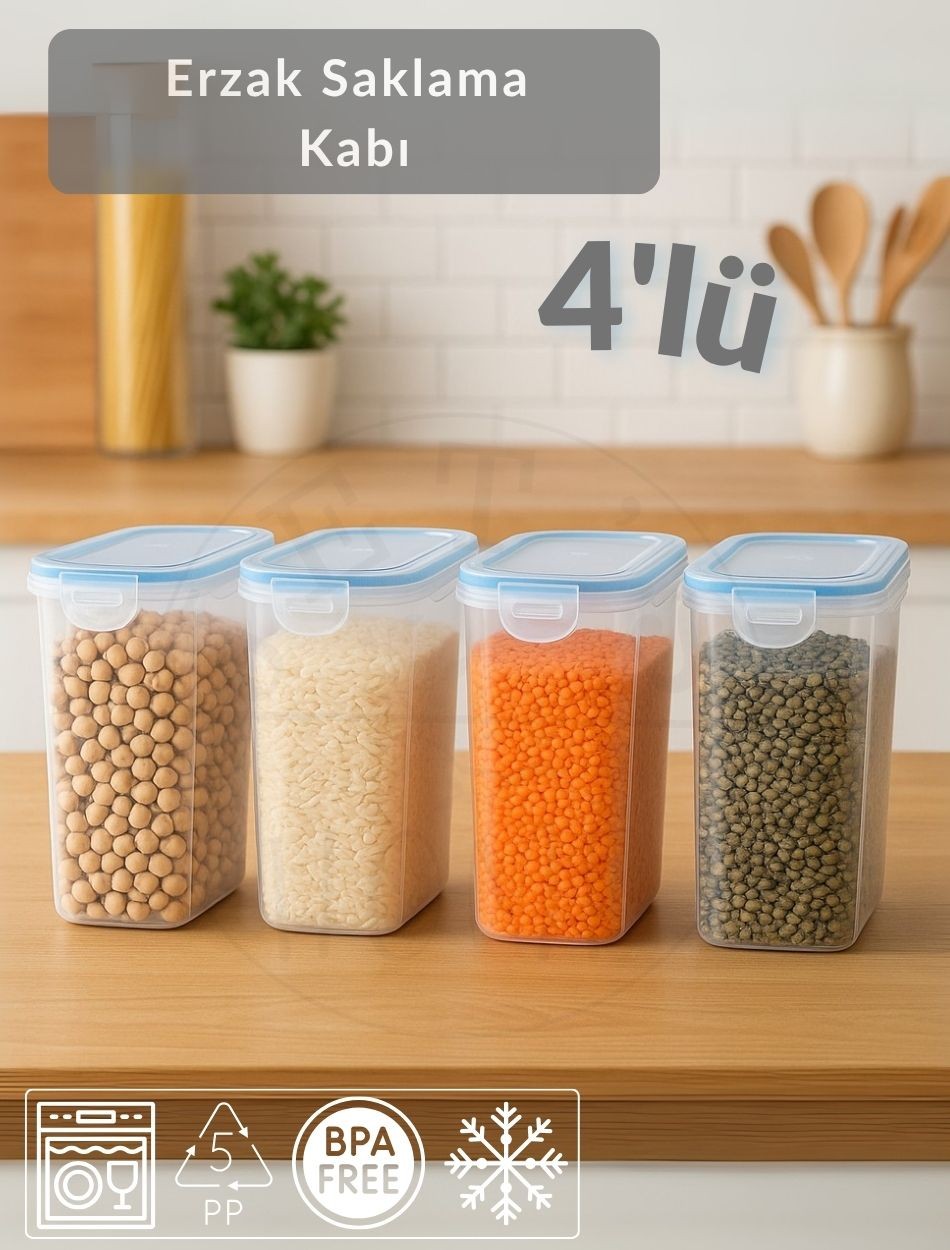 4'lü Set Erzak Kabı Vakumlu Hava Almaz BPA FREE Kilitlenebilir Bakliyat Kabı 3 L