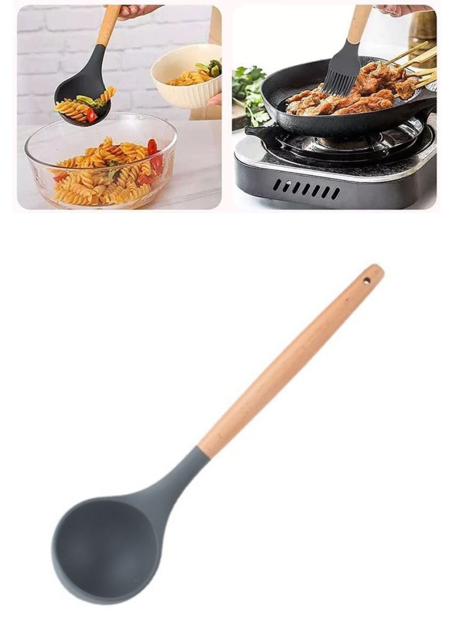 Silikon Kepçe Mutfak Kepçesi Ahşap Saplı 31 cm
