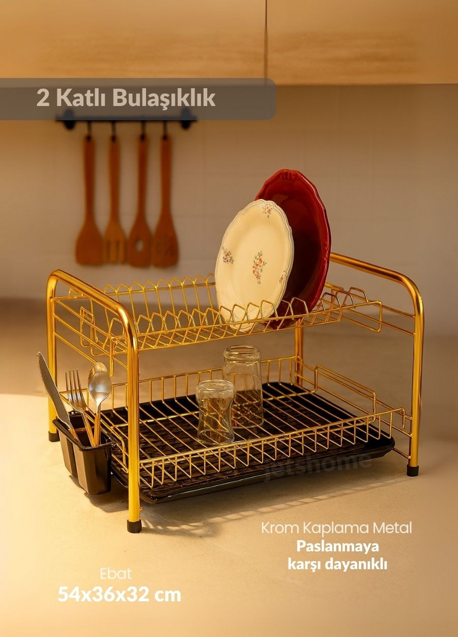 2 Katlı Bulaşıklık Tezgah Üstü Tabaklık BPA FREE Bulaşık Sepeti Yuvarlak Ayak Gold