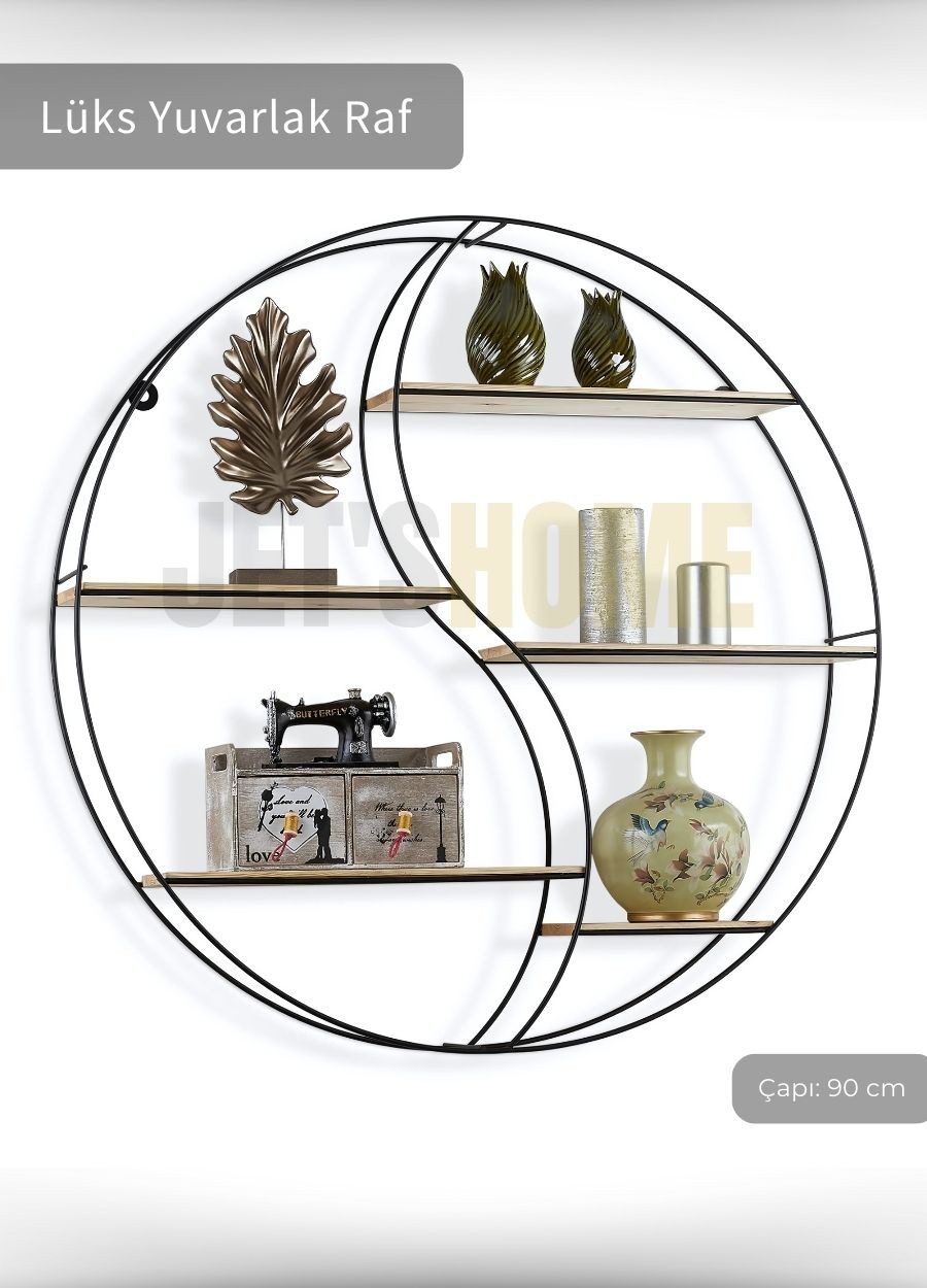 Modern Duvar Rafı Ahşap Raflı Dekoratif Metal Raf Süs Rafı Yuvarlak Model Çapı 90 Cm