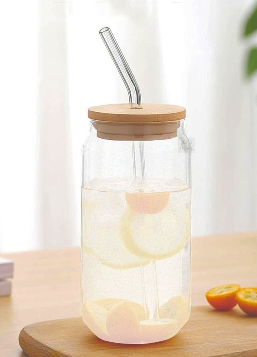 Borosilikat Cam Bardak Pipetli Bambu Kapaklı Bardak 580 ml BPA İçermez Sızdırmaz Kapaklı