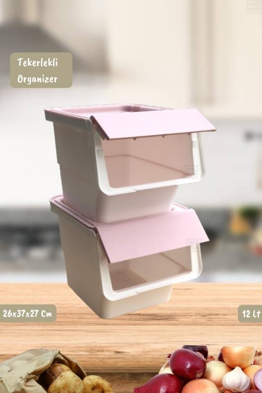 2’li Tekerlekli Patateslik Soğanlık Erzak Kutusu Organizer Sebzelik Beyaz-Pembe 24 Lt