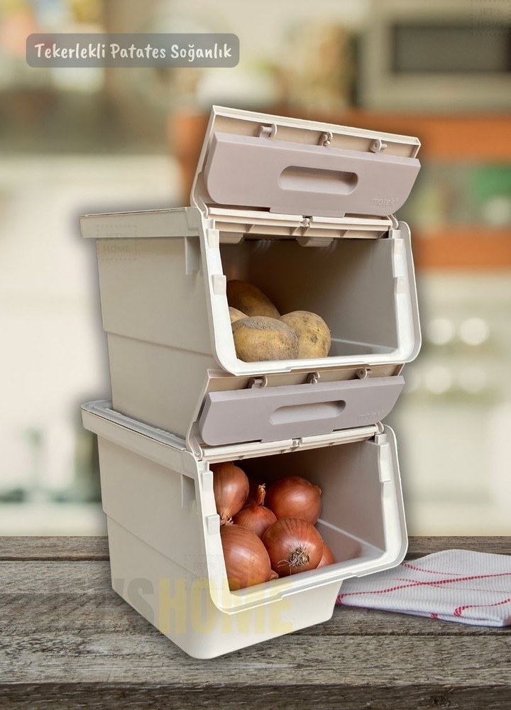 4’lü Tekerlekli Patateslik Soğanlık BPA Free Erzak Kutusu Oyuncaklık Sebzelik Krem 48 Litre