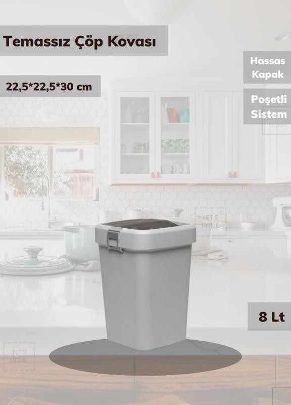 Çöp Kovası Aç-Kapa Banyo Çöp Kutusu Küçük Mutfak Çöp Kovası Gri 8 Litre