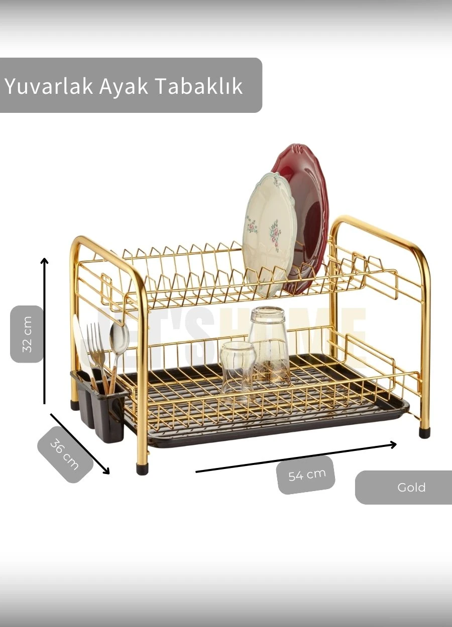 2 Katlı Bulaşıklık Tezgah Üstü Tabaklık BPA FREE Bulaşık Sepeti Yuvarlak Ayak Gold