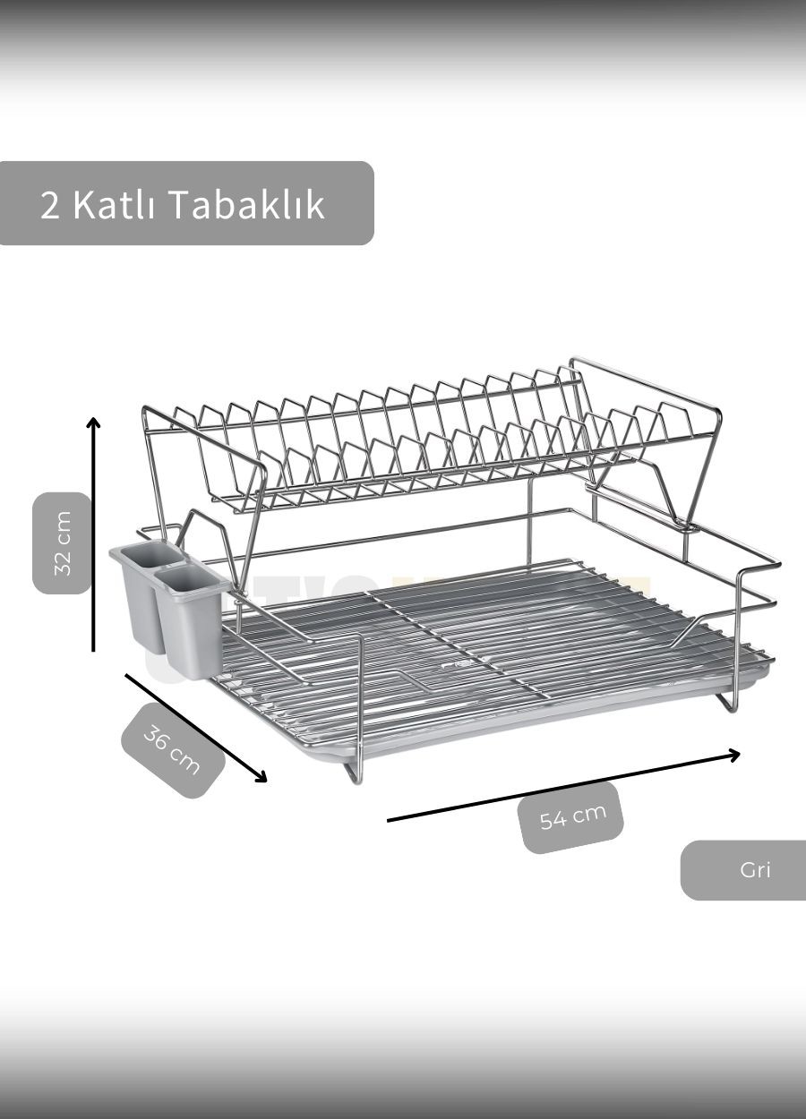 2 Katlı Bulaşıklık Çelik Tezgah Üstü Tabaklık BPA FREE Bulaşık Sepeti Kurutmalık Gri