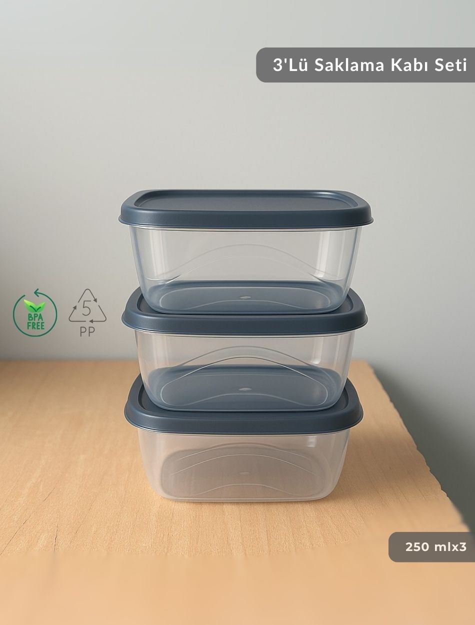 3'lü Saklama Kabı Seti Kare Erzak Kabı Bpa Free Derin Dondurucu için Uygun 250 ml