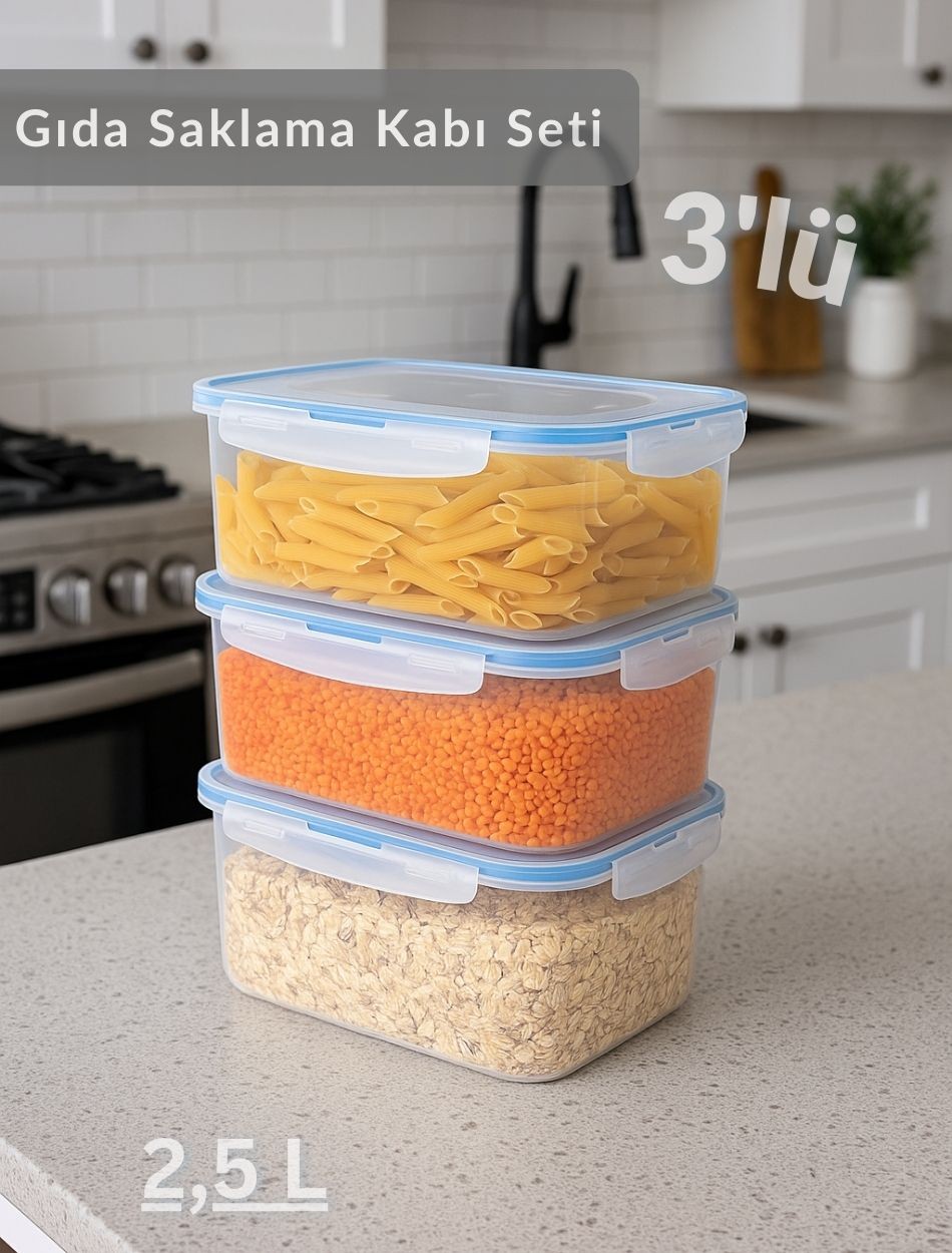3'lü Vakumlu Saklama Kabı Seti Hava Almaz BPA Free Kilitlenebilir Gıda Erzak Kabı 1,9 L