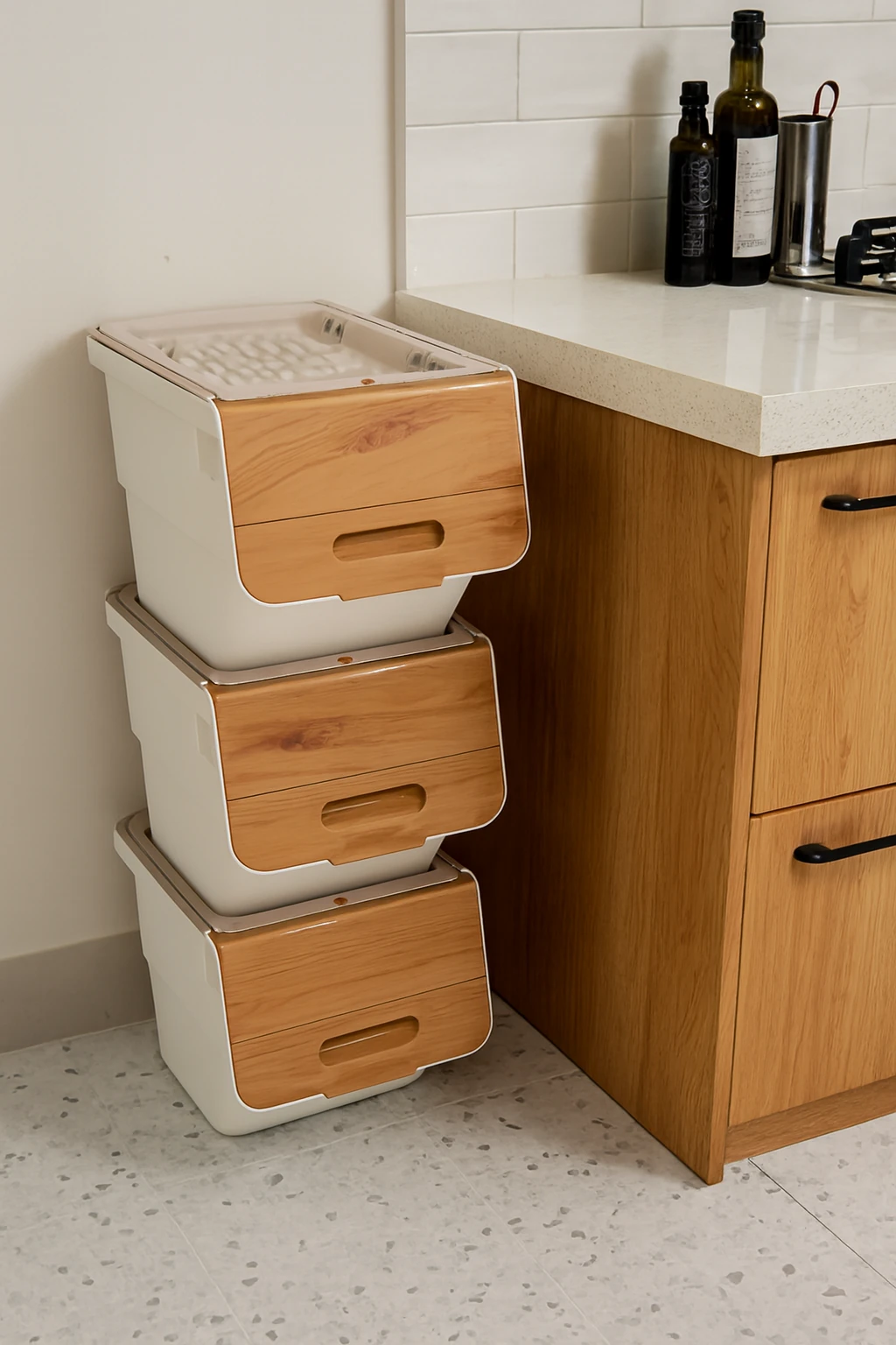 3’lü Bambu-Beyaz Tekerlekli Sebzelik Seti 36 Lt – BPA’sız Patates Soğan Organizer