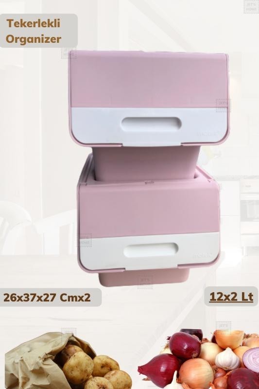 2’li Tekerlekli Organizer BPA Free Erzak Kutusu Sebzelik Soğanlık Oyuncaklık Pembe 24 Lt